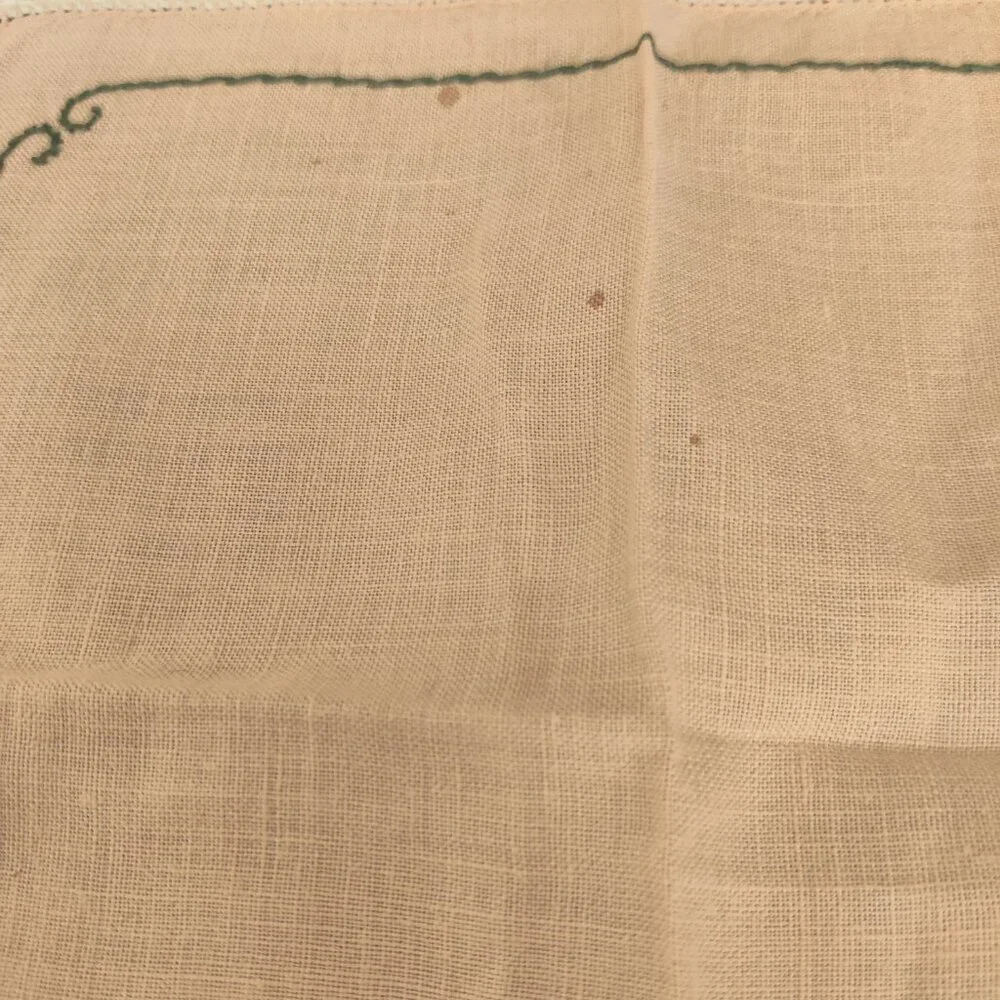 Embroidered Tea Napkins 4, Daisy, Greens & Red Stitching Handmade Vintage